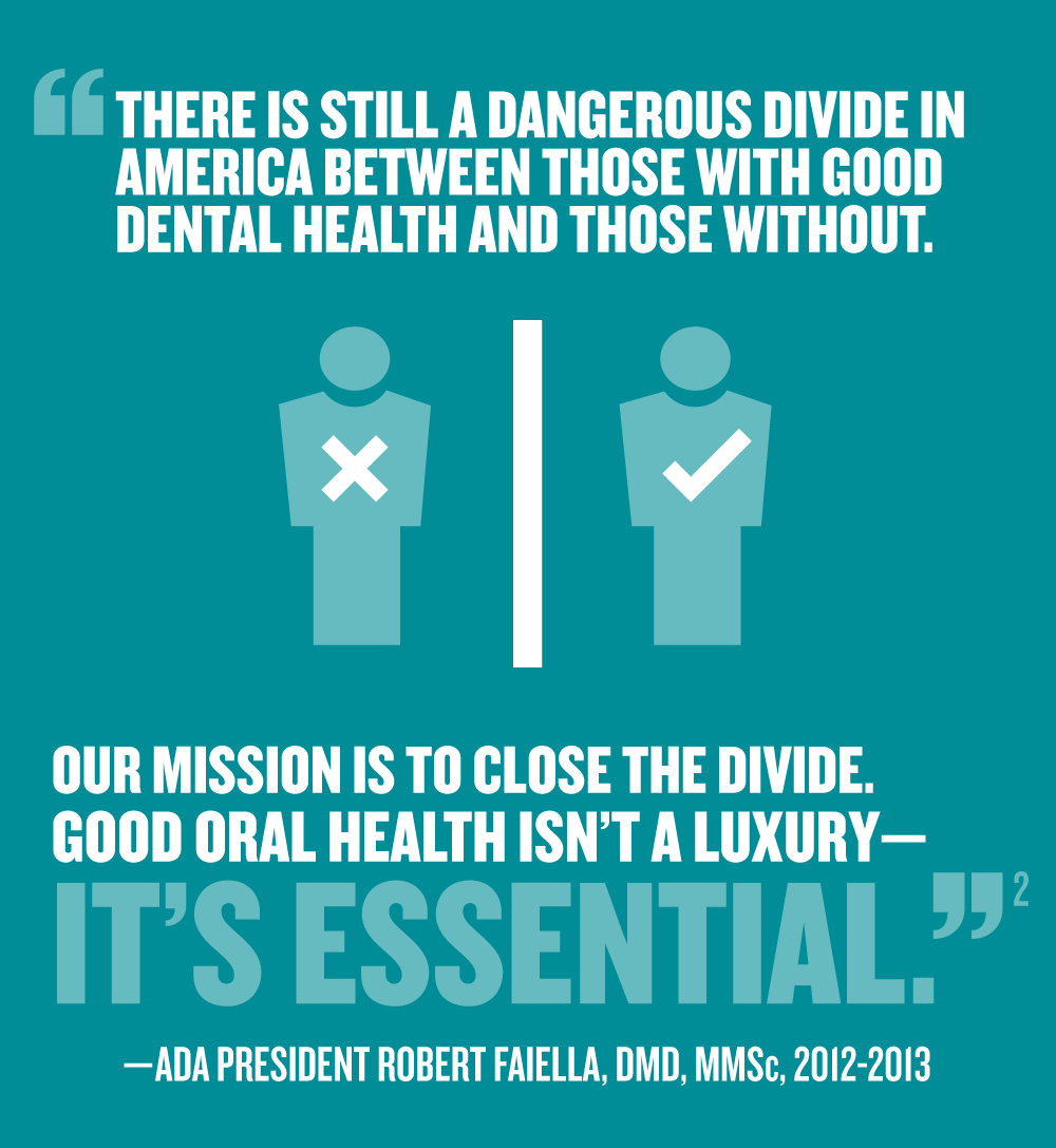 There is still a dangerous divide in America between those with good dental health and those without. Our mission is to close the divide. Good oral health isn’t a luxury, it’s essential. —ADA President Robert Faiella, DMD, MMSc, 2012-2013